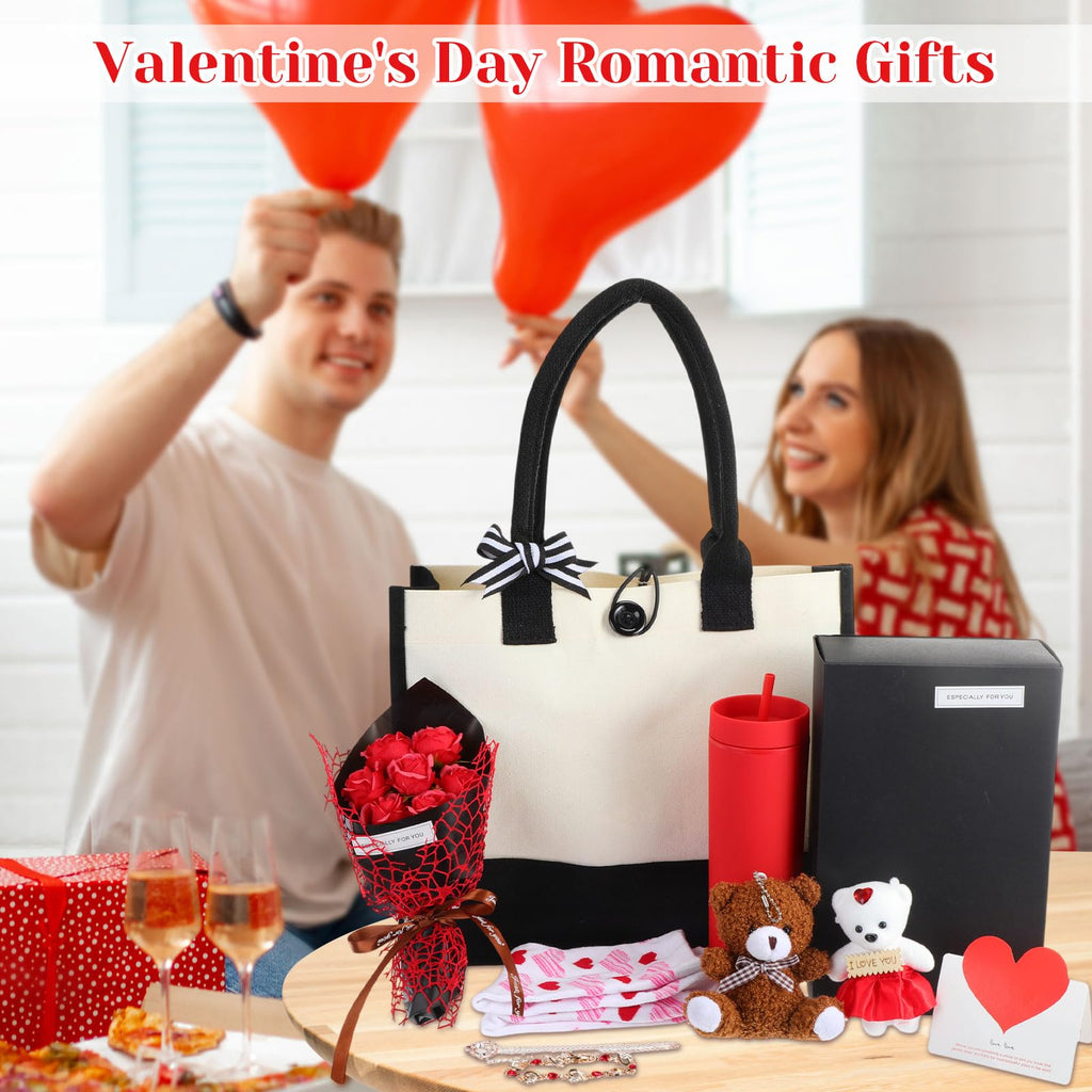 Reallnaive 9 Pcs Valentine's Day Gifts for Her, Anniversary Birthday Gifts for Wife, Gift for Women Set Includes Tumbler Artificial Flower Bouquet Keychain Necklace Bracelet Tote Bag Sock Card(Red)
