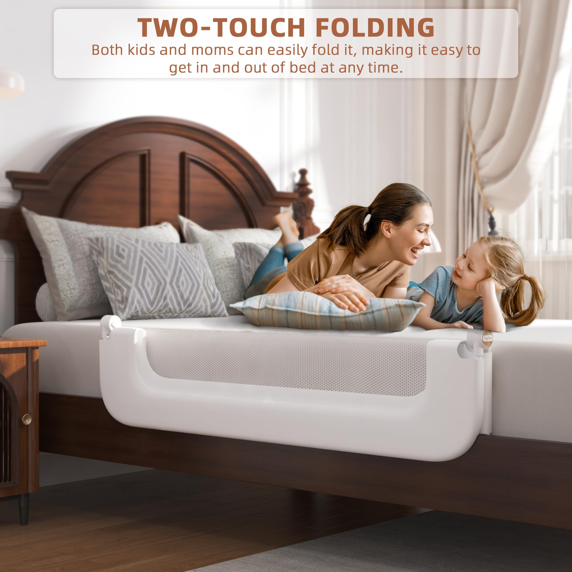 FigTime Bed Rail for Toddlers, Baby Bed Rail Guard for Kids, Toddler Bed Rails with Reinforced Anchor Fit, Height Adjustable & Foldable Bed Rail Guard for Twin, Full, Queen & King Beds (White, 48IN)