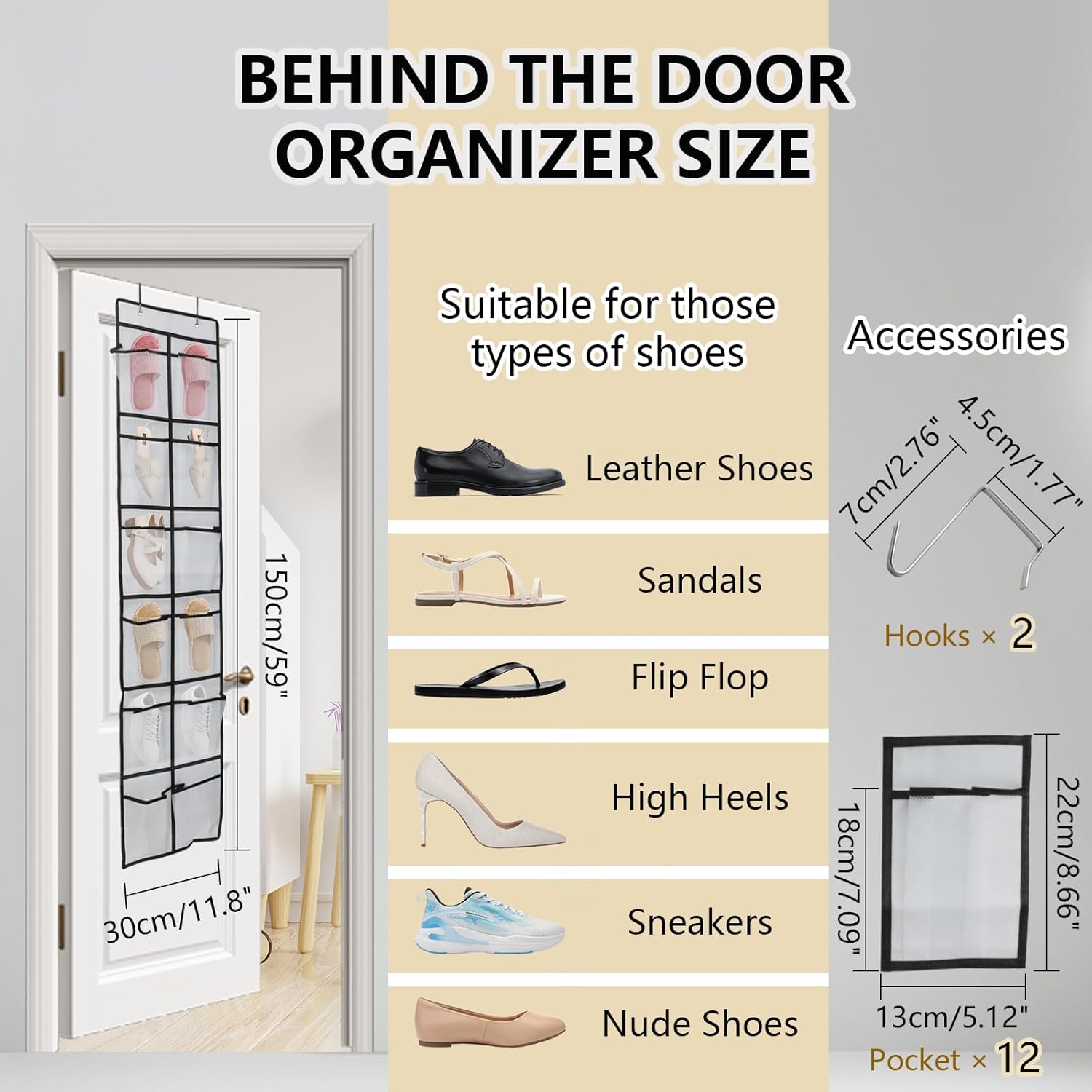Over The Door Shoe Organizer - 12 Mesh Pockets with 4 Metal Hooks | Space-Saving Design (White)