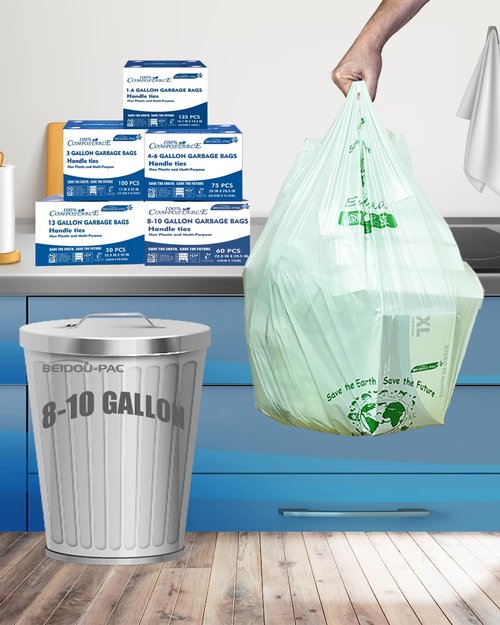 BEIDOU-PAC 8-10 Gallon Compostable Trash Bags, 60 Count - Kitchen & Food Scrap Waste Bags, Sturdy & Biodegradable, ASTM D6400, US BPI Certified