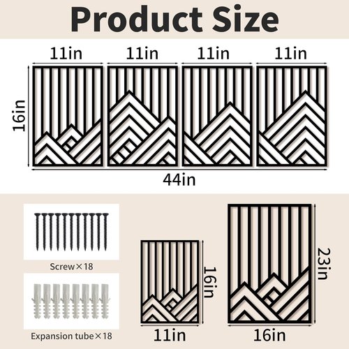 Abstract Black Metal Wall Decor by 4Pcs - Minimalist 3D Mountain Line Art Sculpture | 16"x11" for Living Room & Office