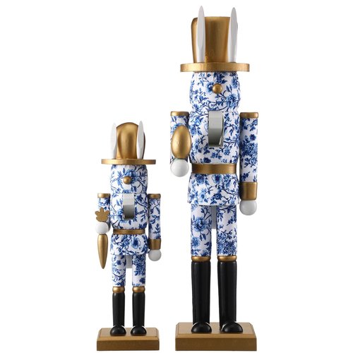Weysat 2 Pcs Easter Nutcracker Figure Blue and White Bunny Wooden Nutcracker Figure Chinoiserie Easte Ornament for Festival Party Gift Shelf Table Desktop Fireplace Decor 10inch, 15inch