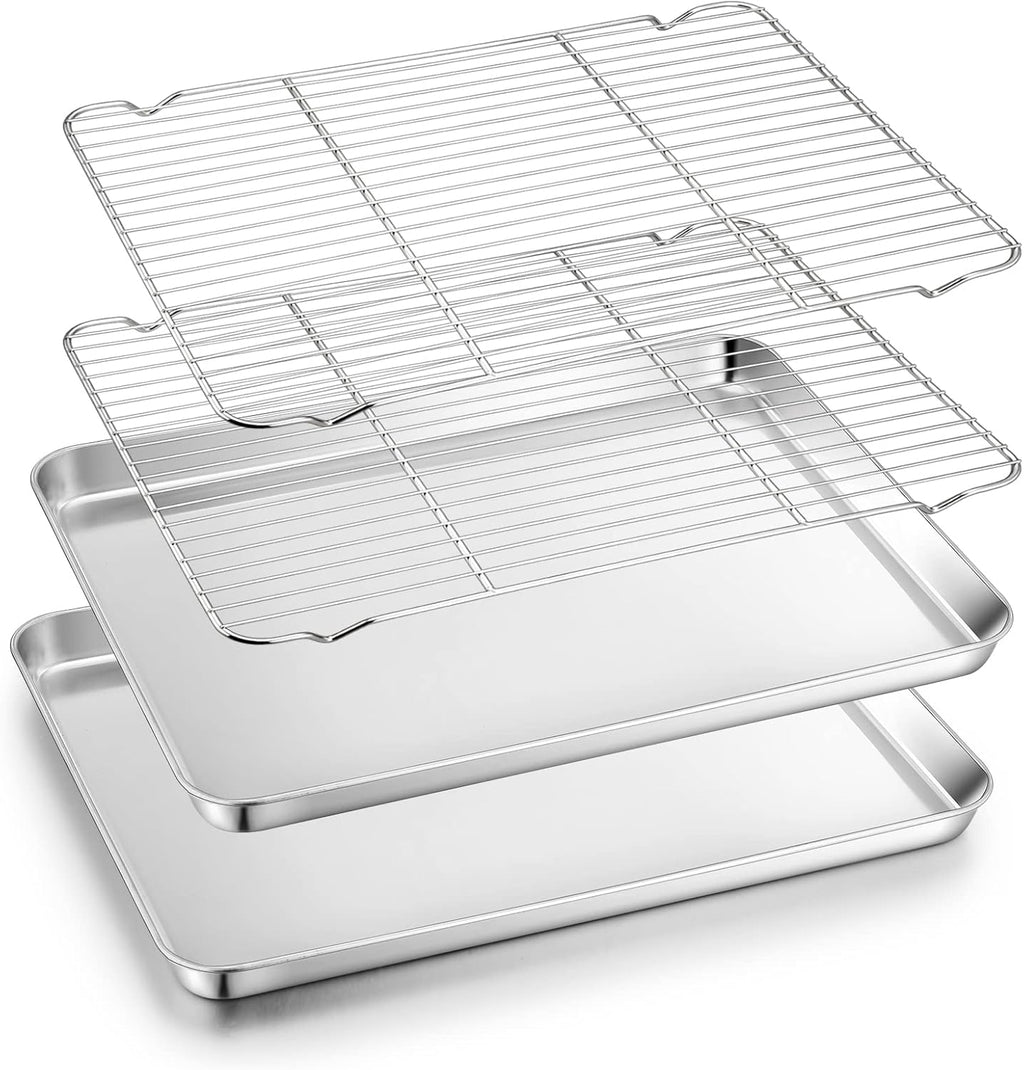TeamFar Stainless Steel Baking Sheet Set - Heavy Duty Cookie Pan with Cooling Rack | 17.6 x 13 x 1 Inch, Non-Toxic, Dishwasher Safe - Set of 4