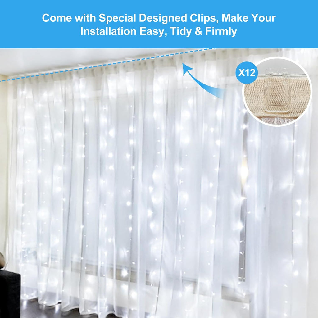 Skiennix 300 LED Fairy Curtain Lights - 9.8 x 9.8FT Cold White USB String Lights with Remote | 8 Modes for Christmas, Weddings, Indoor & Outdoor Decor