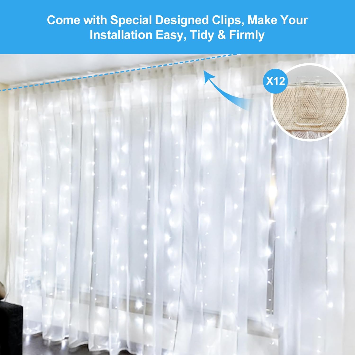 Skiennix 300 LED Fairy Curtain Lights - 9.8 x 9.8FT Cold White USB String Lights with Remote | 8 Modes for Christmas, Weddings, Indoor & Outdoor Decor