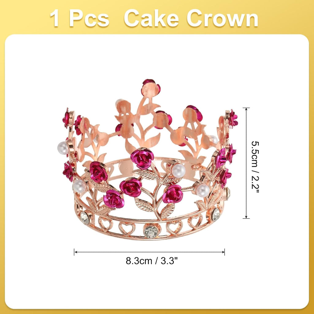 Uxcell Mini Crown Cake Toppers - Alloy Queen Princess Tiara with Pearl & Rose for Birthday Decor | Rose Gold/White/Rose Red