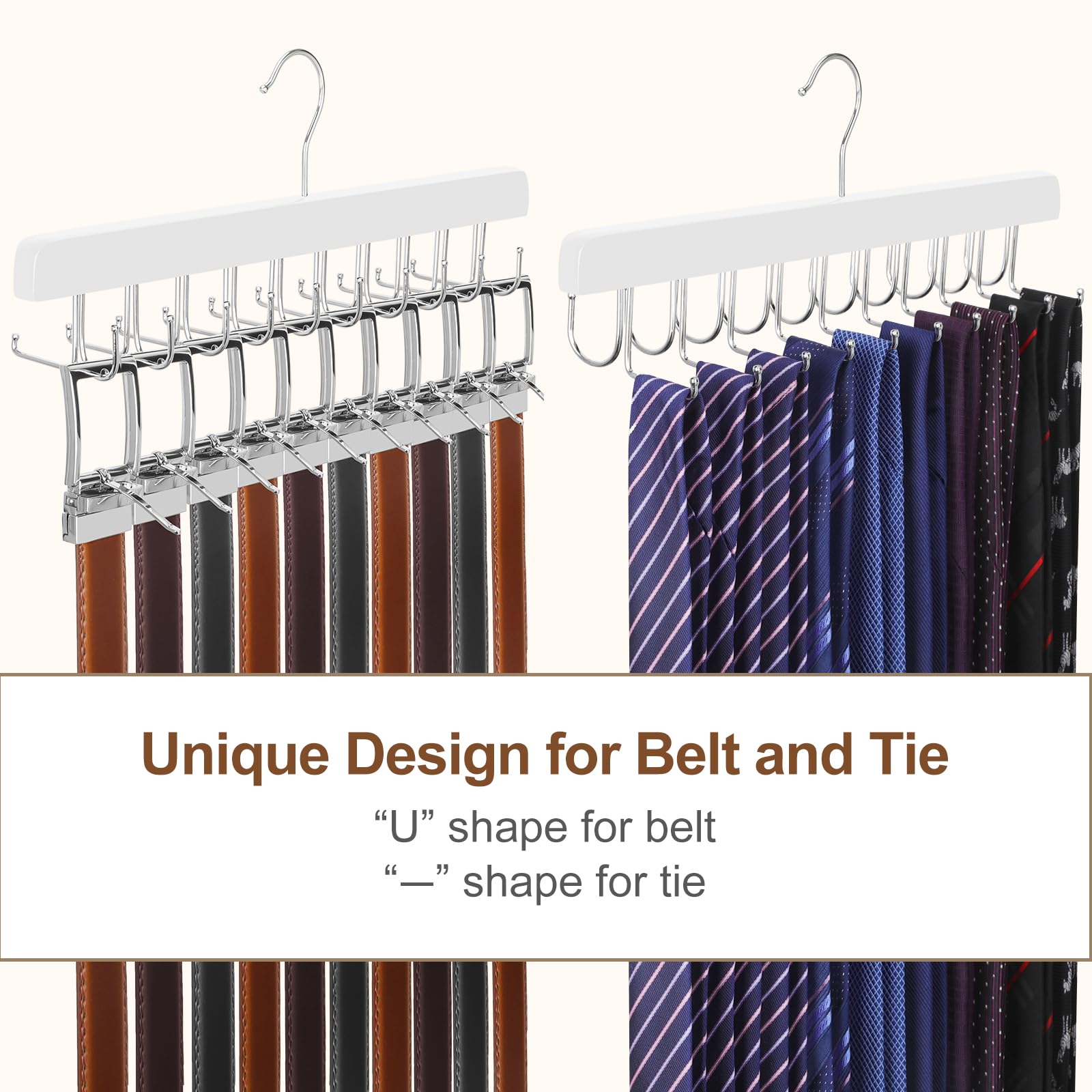 TOPIA HANGER 20 Hooks 2 in 1 Belt Tie Hanger for Closet Max 30 Belts with 30 Ties Capacity, Belt Tie Racks Wooden Hanger for Closet Organizer Storage “U” Fit for Belt and “一” Fit for Tie - CT47W
