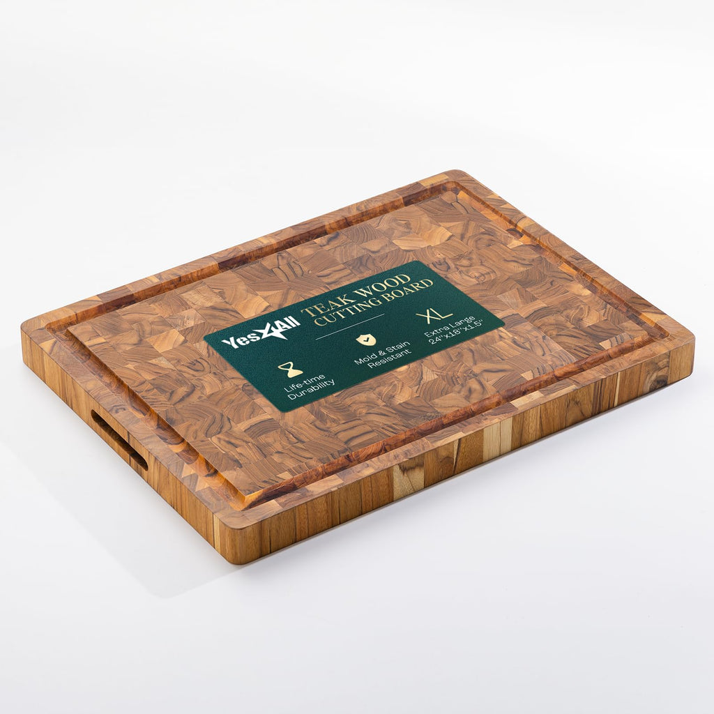 Yes4All Durable Teak Cutting Boards for Kitchen, [24''Lx18''Wx1.5” Thick] Extra Large End Grain Cutting Board, Pre Oiled Wood Cutting Boards, Thick Chopping Board w/Juice Grooves and Easy Grip Handle