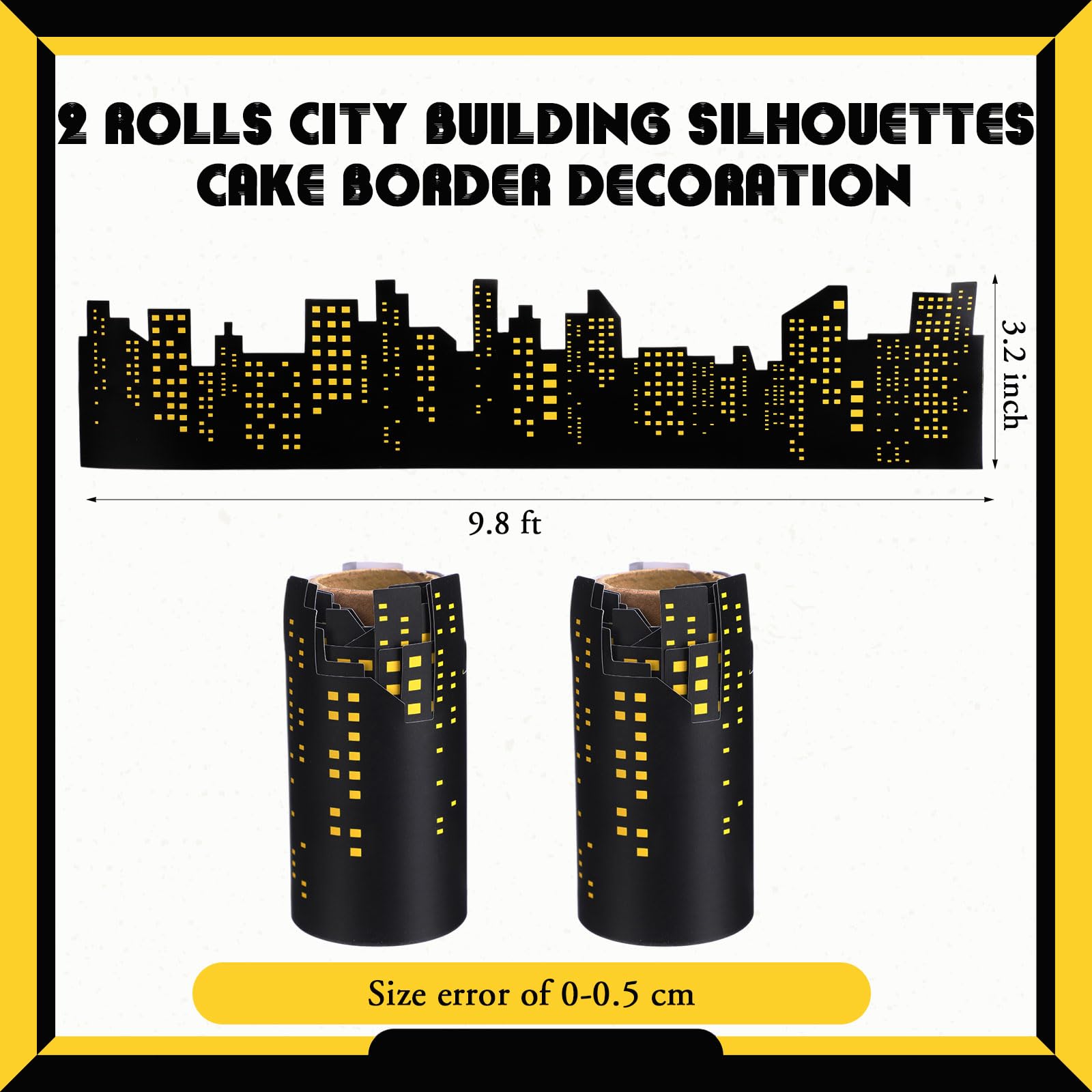 Janlaugh 2 Roll Skyscraper Cake Border Decoration Toppers Stick On or Lay On City Skyline Cake Decor Skyscraper Building Scenic Birthday Accessories for Bday Party Supplies (Skyline, Yellow)