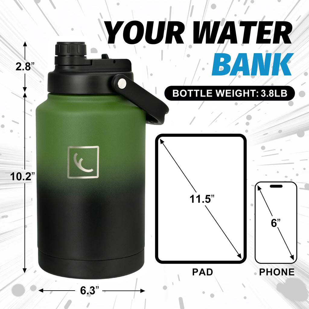 NATURE PIONEOR 1 Gallon Insulated Water Bottle - Double Vacuum Stainless Steel 128 oz Water Bottle with Holder, Wide Mouth & 2-in-1 Lid (Flip Straw & Spout), 1 Gallon Water Jug, Hiking, Camping, Gym