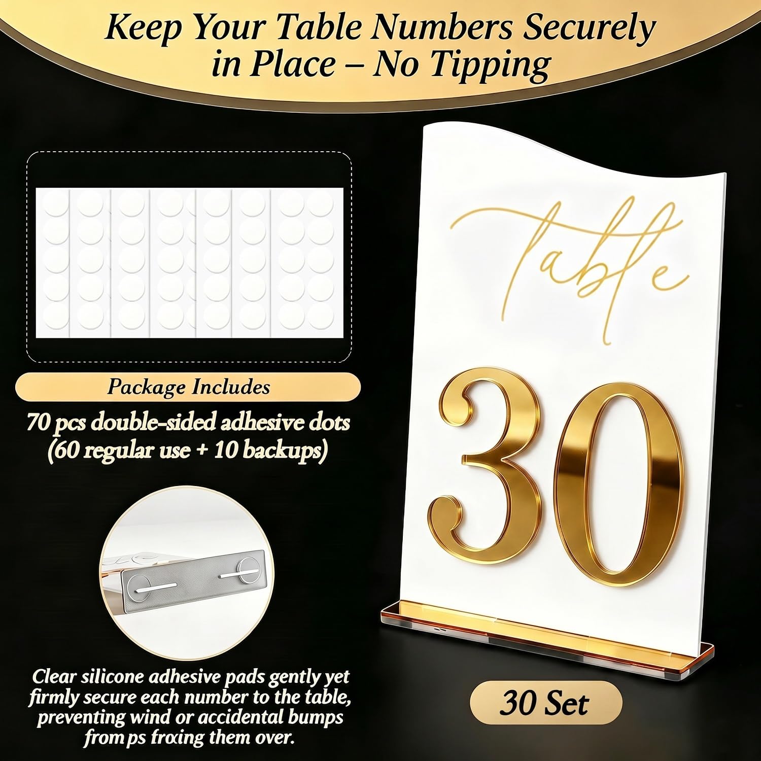 Gold Mirrored Acrylic Wedding Table Numbers 1-30 Set, Self-Standing Modern Arched Signs for Reception Seating, Anniversary & Bridal Shower, Elegant Wedding Decor (5x7 Inches)