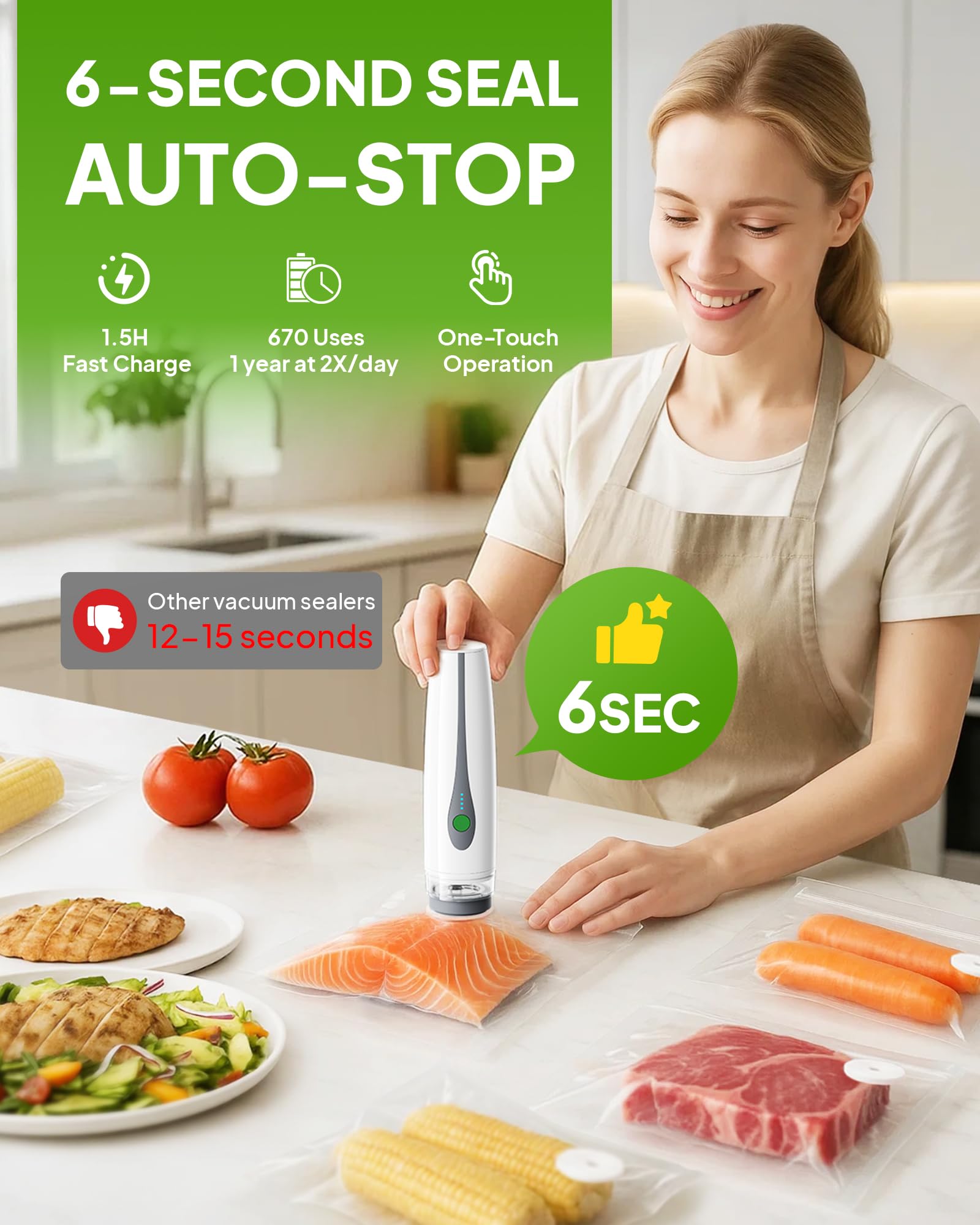 Handheld Portable Vacuum Sealer Machine for Food Storage, Compact Vacuum Sealer for Food, Powerful Seal Meal Saver, 30 Reusable Vacuum Bags, for Kitchen/Travel/Meal Prep