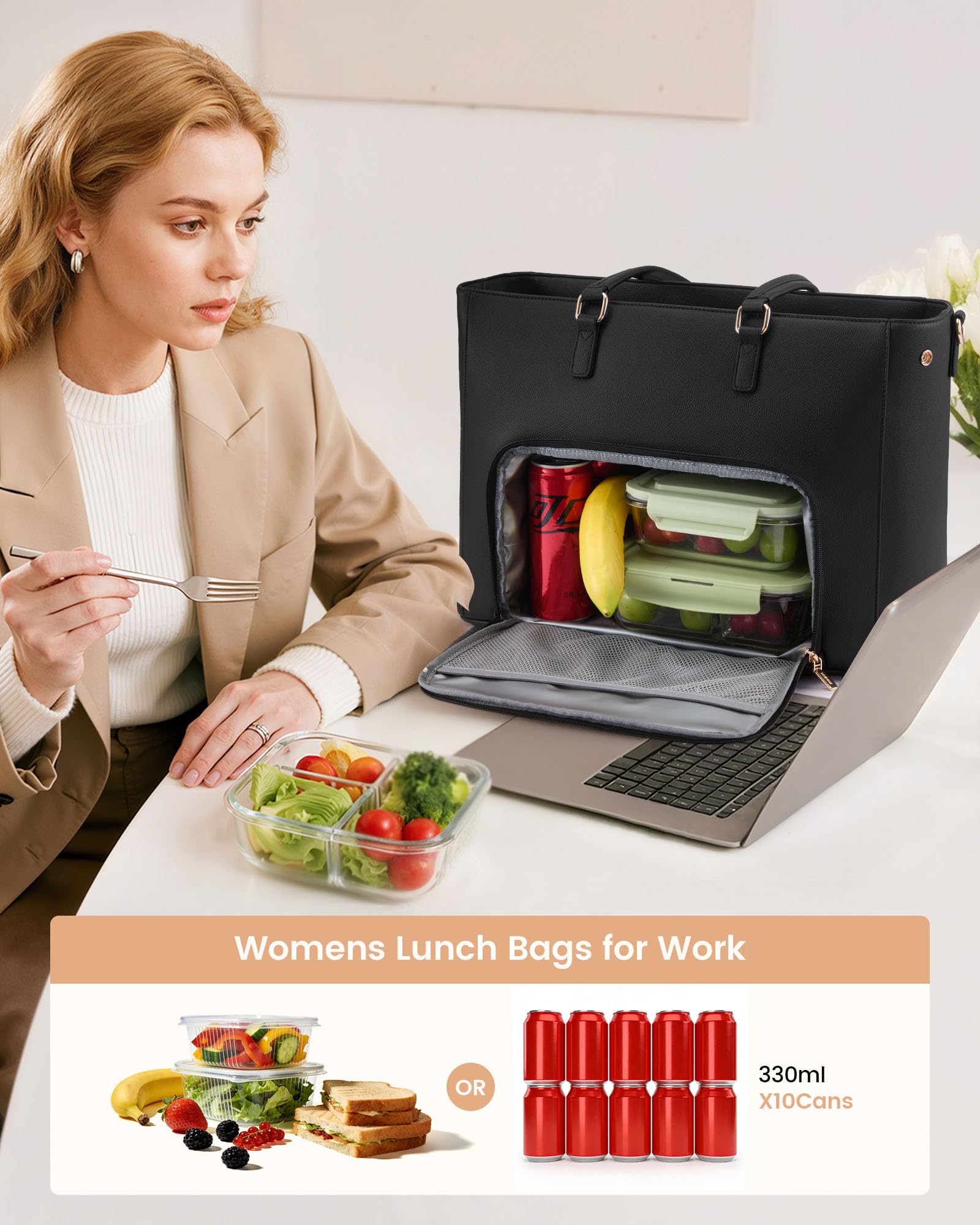 LOVEVOOK Lunch Tote Bag for Women, 3 in 1 Work Bag with Insulated Lunch Compartment, Laptop Bag with Large Cup Holder for Office, College, Casual, Black