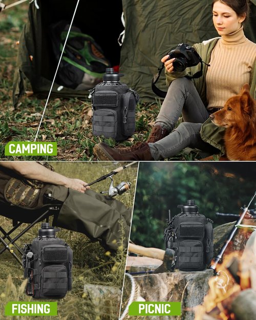 RXW 64 oz Insulated Water Bottle with Sleeve, Half Gallon Stainless Steel Tactical Water Jug Large Military Water Bottle with 3-IN-1 Pouch/3 Lids/Straw/Paracord Handle for Gym, Camping, Workout
