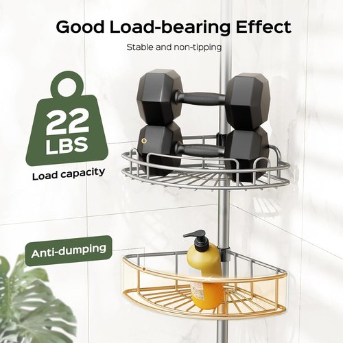HAMITOR Corner Shower Caddy - 4-Tier Rust-Resistant Adjustable Organizer | 47-121 Inch No-Drill Installation - Space-Saving Silver Gray