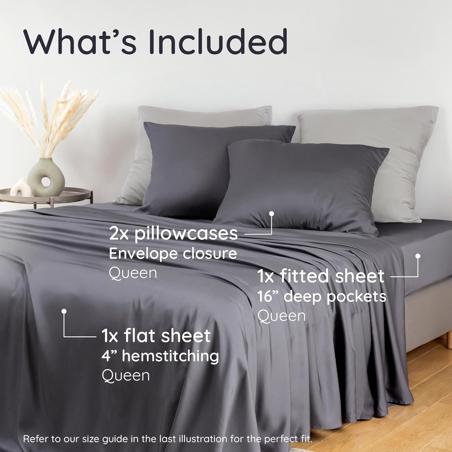 Bambaw Bamboo Sheets Queen Size Set - 4-Piece Cooling Luxury Bed Sheets, Super Soft & Deep Pocket (Charcoal)