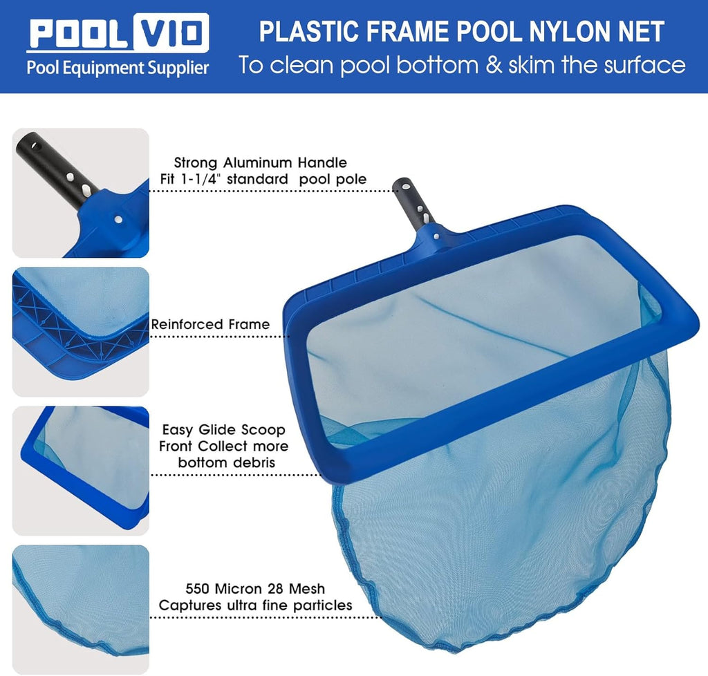 Poolvio Professional Pool Skimmer Net - Heavy Duty Nylon Mesh with Extra Wide Scoop Edge for Efficient Cleaning