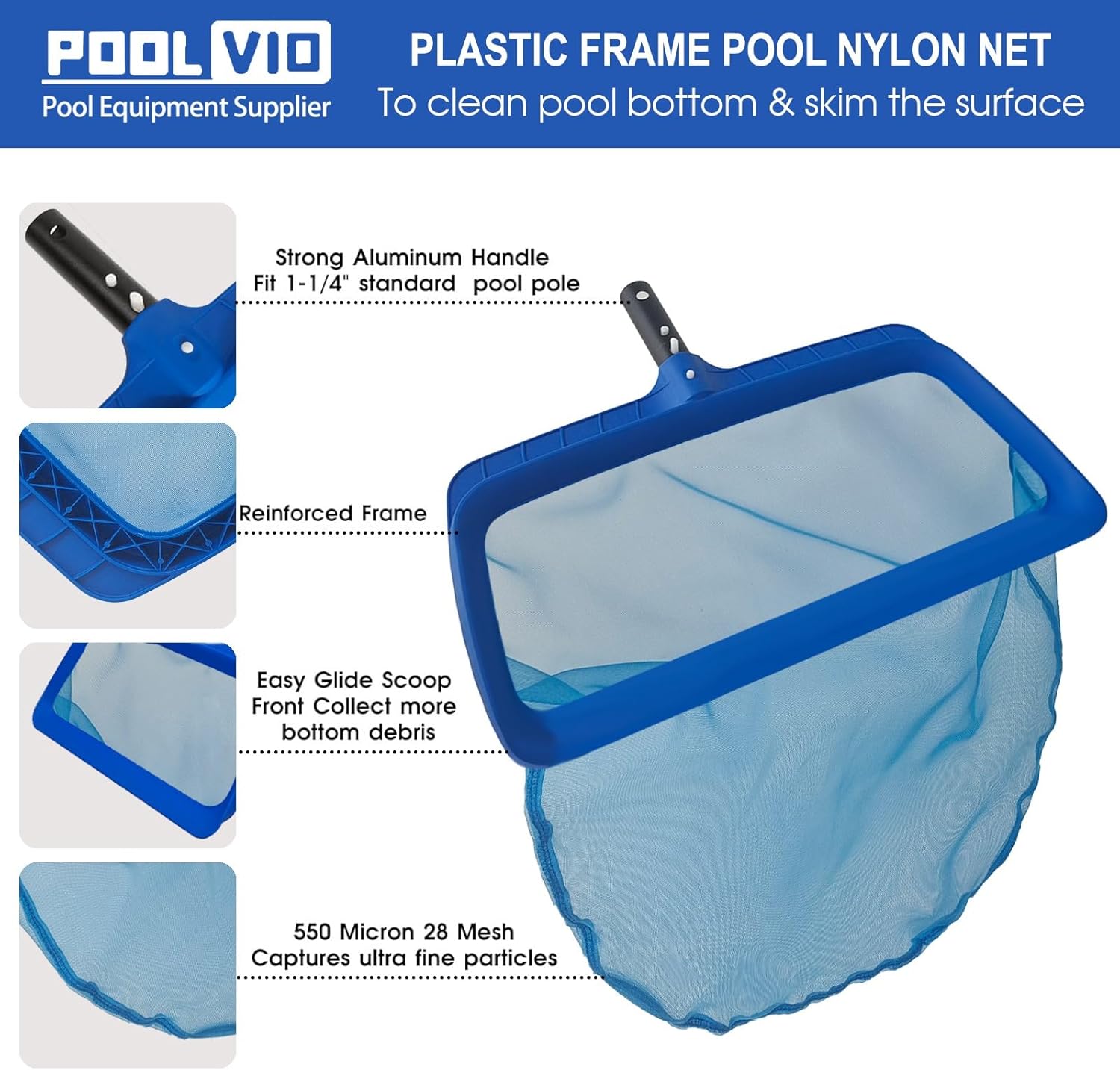 Poolvio Professional Pool Skimmer Net - Heavy Duty Nylon Mesh with Extra Wide Scoop Edge for Efficient Cleaning