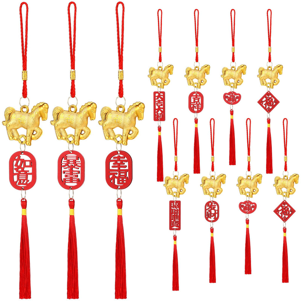 Geosar 12 Pcs Chinese New Year Decorations 2026 Year of The Horse Lucky Charm Lunar Red Hanging Ornaments Feng Shui Tassel Knot Wealth Good Luck for Home, Office, Car, Trees Decor(Horse Style)
