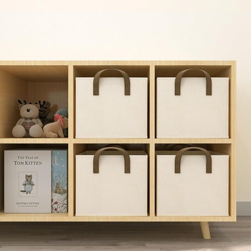 Closet Storage Bins by [Brand Name] - Fabric Organizers for Shelves | Collapsible Beige Baskets, 3 Pack