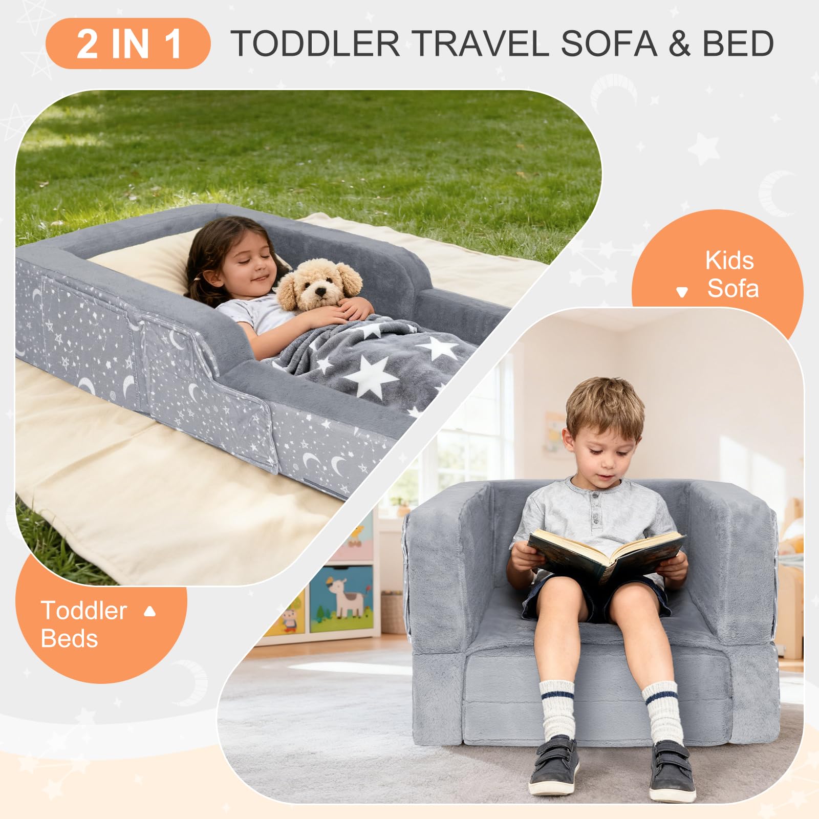 Portable Toddler Travel Bed, 2 in 1 Foldable Toddler Bed Sofa Chair, Soft Baby Kids Travel Floor Beds with Washable Cover, Blanket, Safety Foam Raised Bumper for Camping Hotel Grandma’s House Sleeping