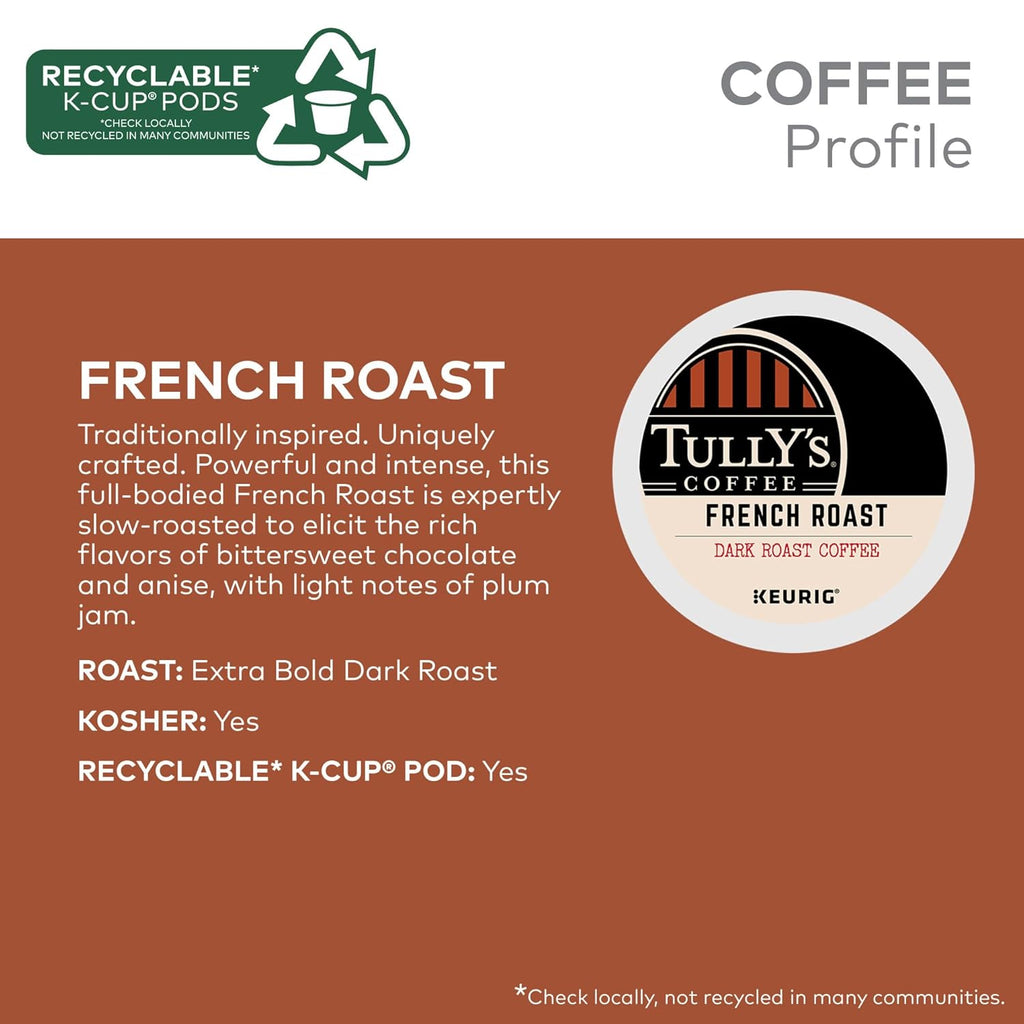 Tully's Coffee French Roast K-Cup Pods - Dark Roast Single Serve Coffee, 60 Count (6 Packs of 10)