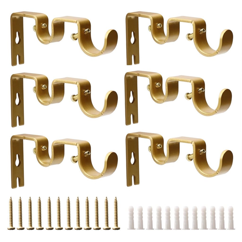 Shonmogar Double Curtain Rod Bracket 6 Pack Metal Curtain Rod Holders for Wall Sturdy Curtain Bracket for 1 Inch Curtain Rod Gold Wall Mounted Curtain Rod Hooks for Bedroom Living Room Patio