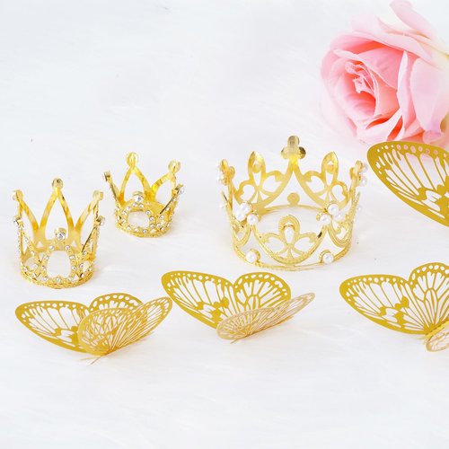 66PCS Flower Bouquet Accessories Gold, Cake Crown Topper, Mini Crowns Decoration for Birthday Wedding