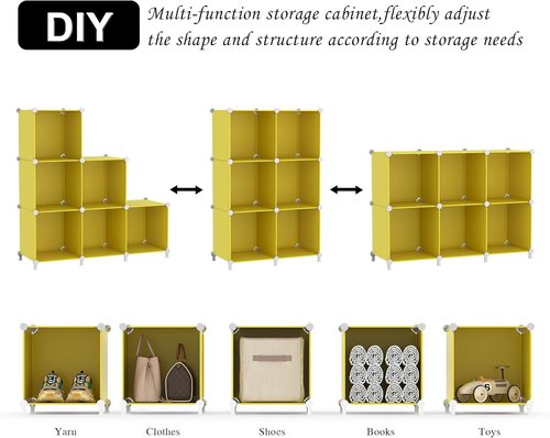AWTATOS Cube Storage Organizer - 6-Cube DIY Stackable Bookshelf for Bedroom & Home - Yellow