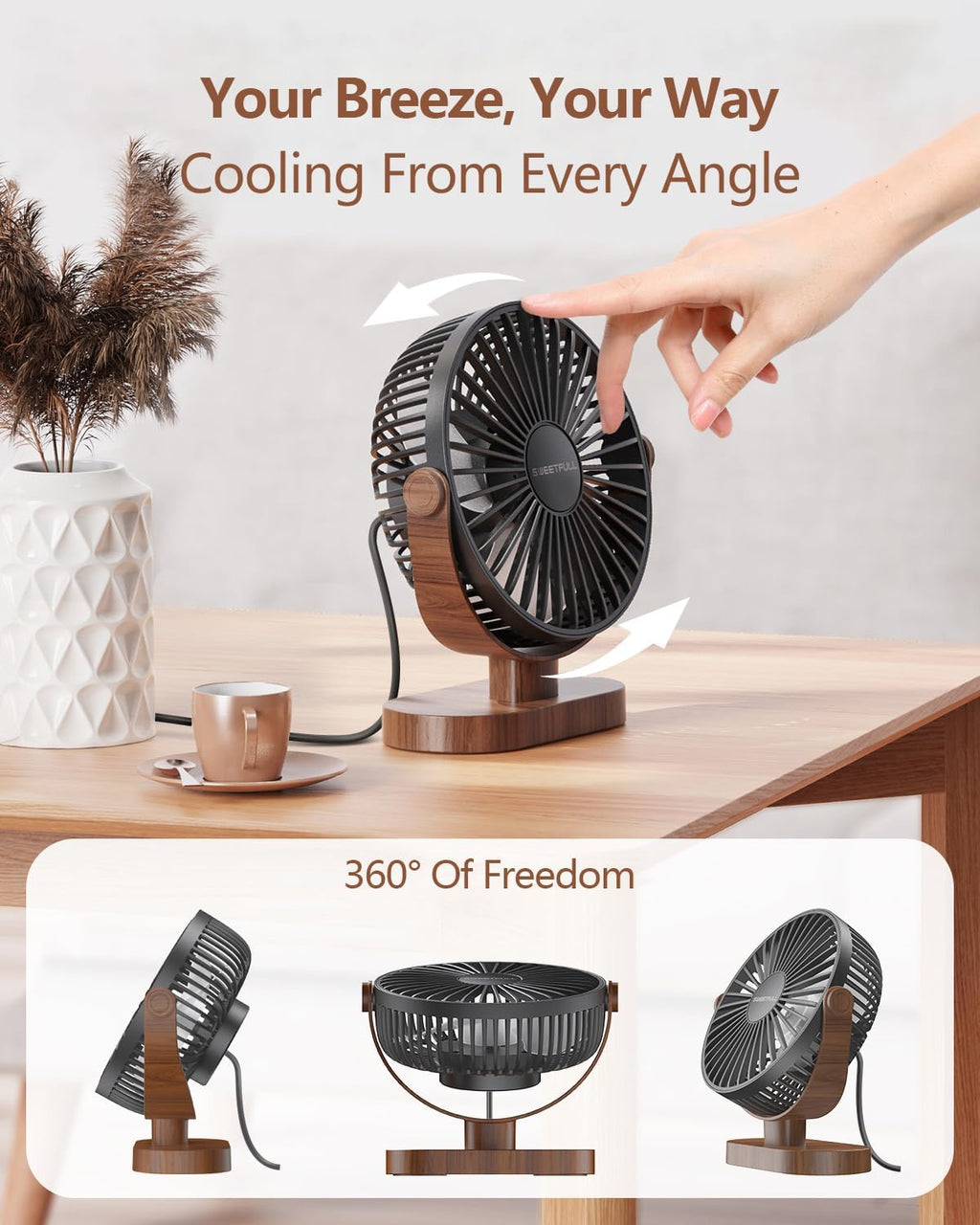 Sweetfull 6.5 Inch USB Desk Fan - Quiet Portable Mini Fan with 3 Speeds & 360° Adjustment | Black Wood Grain