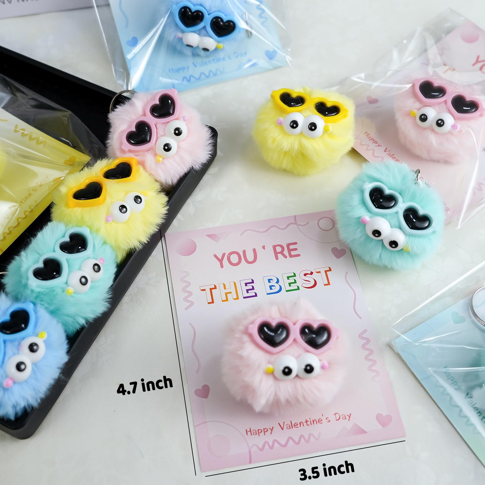 QYESQ Valentines Day Gifts for Kids - 24 Pack Cute Plush Toys Keychains, Valentines Day Cards for Kids Boys Girls Toddlers School Classroom Friends Exchange Party Favors