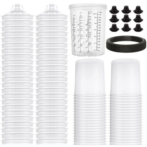 LOPYXBR 27 Oz Disposable Paint Cups for HVLP Spray Gun 27 Ounce (800ml) Cups Kit with 45 Cups and Lids System, 1 Hard Cup with Retainer Ring and 20 Cup Sealing Plugs