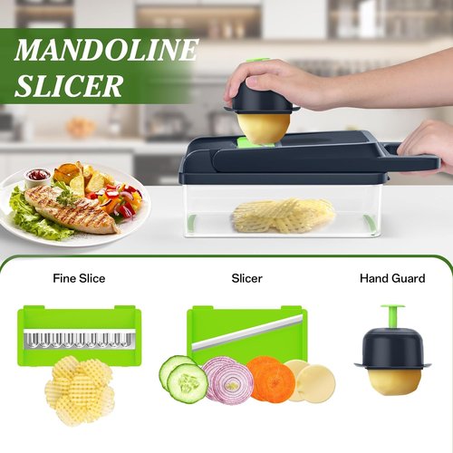 HomeHacks Vegetable Chopper - 12-in-1 Multi-Functional Kitchen Gadget with Dicer, Slicer & Grater (Green)