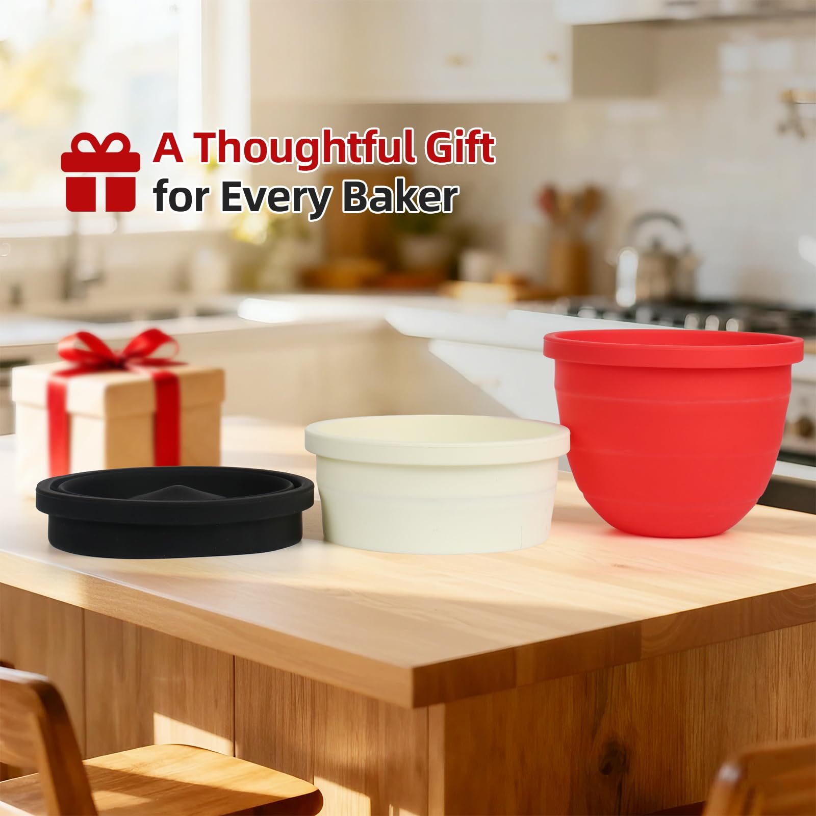 3 PCS Foldable Silicone Liners for Kitchenaid Tilt-Head 5 QT Mixer - Dishwasher-Safe Food-Grade Silicone Bowl Insert - Simple to Use Mixer Accessories for Effortless Baking Prep (Black+Off-White+Red)