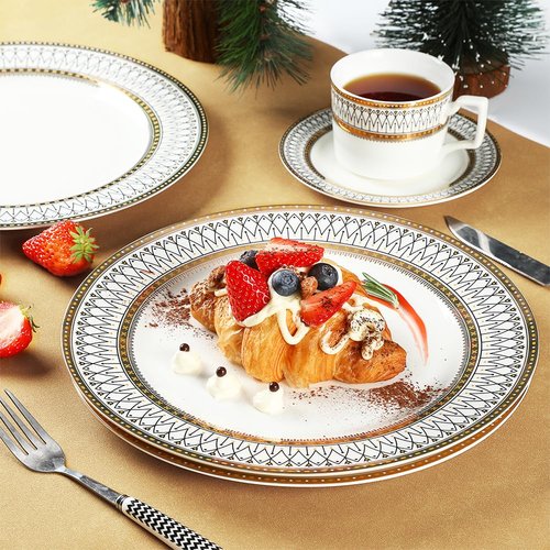 YEWUDHOM Porcelain Plates,Ceramic Dinner Plates Set of 4,Plate Set for 4 Dinning Kitchen,Golden Thread Pattern Steak Salad Plate Set for Home Restaurant Utensils,10.5" Large,White and Gold