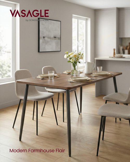 VASAGLE Dining Table for 4-6 People, Modern Farmhouse Dining Room Table, Quick Assembly, Heat-Resistant Tabletop, 55.1 x 29.5 x 29.5 Inches, for Kitchen, Natural Walnut and Ink Black UKDT100K02V2