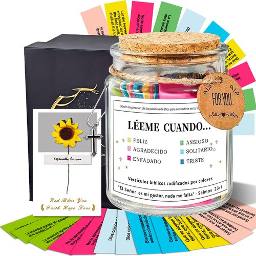 Spanish Bible Verse Jar, Scripture Prayer Read Me When bible verses Jar, Frasco Tarro de Versículos Bíblicos en Español, Regalo Cristiano para Mujer, with Handwritten Greeting Card & Cross Necklace
