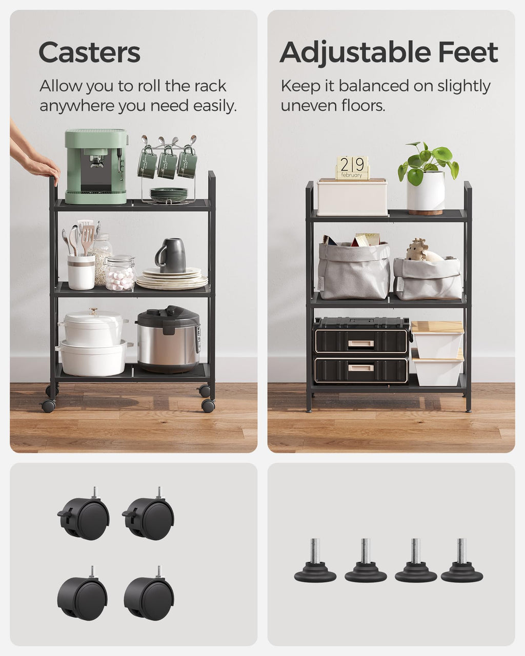 SONGMICS 3-Tier Metal Storage Rack with Wheels, Mesh Shelving Unit with X Side Frames, 23.6-Inch Width, for Entryway, Kitchen, Living Room, Bathroom, Industrial Style, Black UBSC163B01
