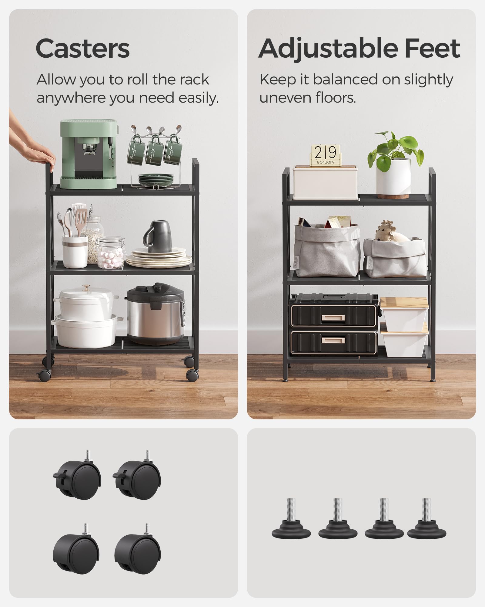 SONGMICS 3-Tier Metal Storage Rack with Wheels, Mesh Shelving Unit with X Side Frames, 23.6-Inch Width, for Entryway, Kitchen, Living Room, Bathroom, Industrial Style, Black UBSC163B01