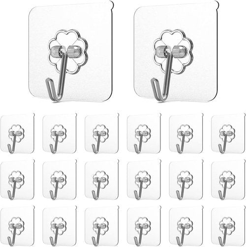 Adove Heavy Duty Adhesive Hooks - 20 Pack Transparent Self-Adhesive Wall & Ceiling Hooks | 22lb Max Capacity