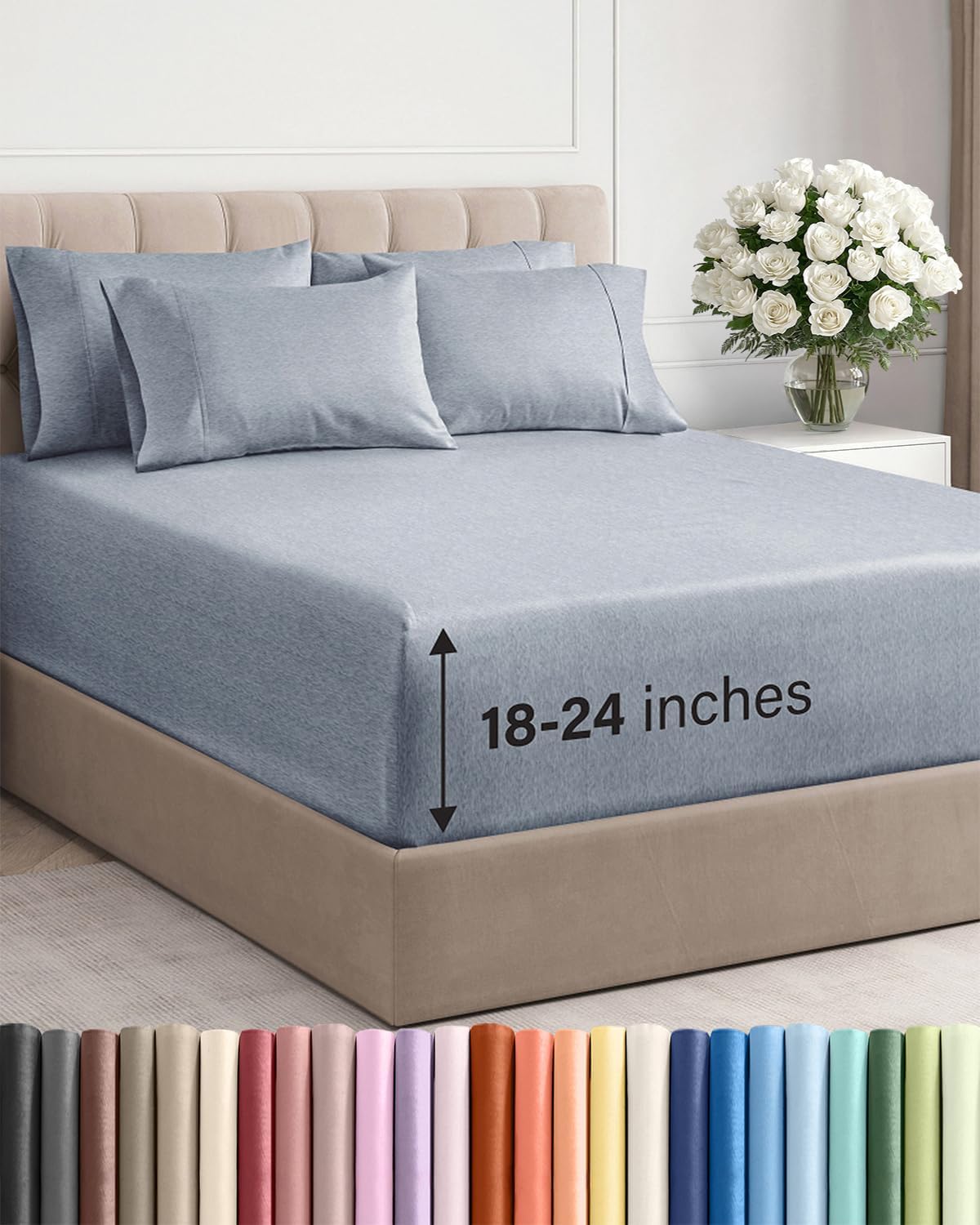 Skiennix Extra Deep Full Sheet Set | 6-Piece Breathable Cooling Bedding - Soft, Wrinkle-Free, Heathered Blue