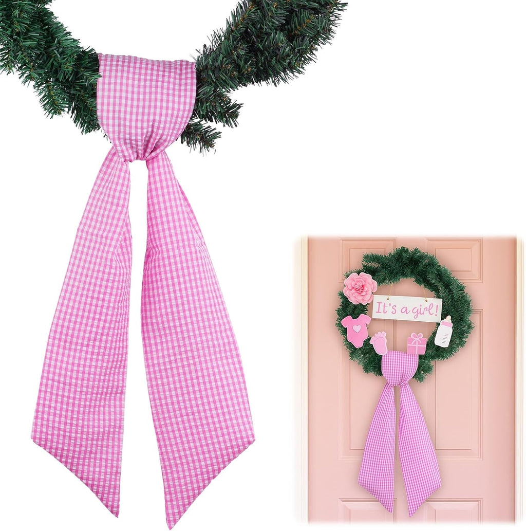 Skiennix Pink White Gingham Wreath Sash - 5.12" Wide x 54.33" for Baby Shower & Spring Decor
