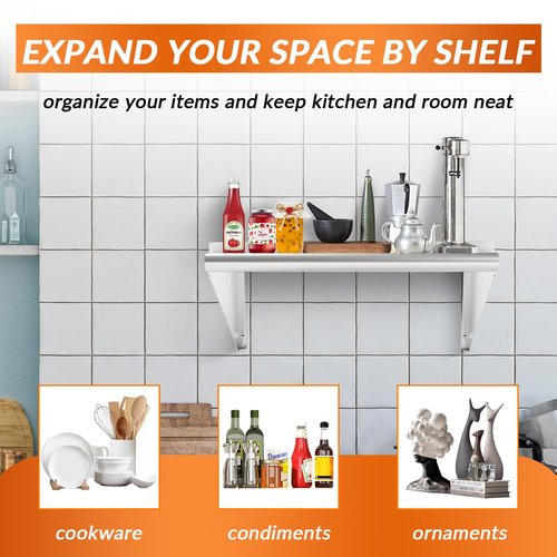 HOCCOT Commercial Stainless Steel Shelf 12 x 24” 2 Pack, Wall Mounted Food Service Storage Rack Shelves, Heavy Duty 250 lb Metal Shelf for Kitchen, Restaurant, Food Truck, Garage, Laundry Room