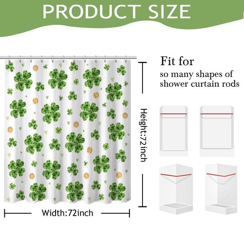 St Patricks Day Shower Curtain Green Lucky Clovers Shamrock Leaf Shower Curtain Waterproof Bath Curtain for St Patrick'S Day Shamrock Decor 72 X 72 Inch (72"W x 72"L (Pack of 1), Pattern 1)