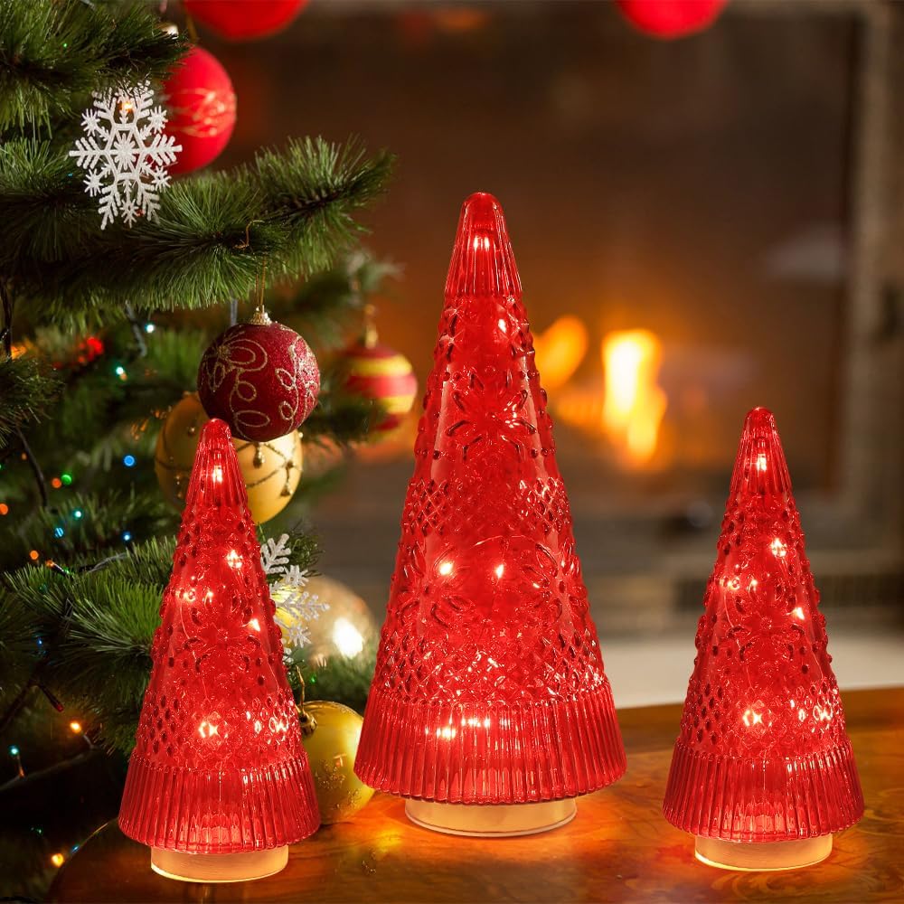 PHITRIC Christmas Tree Centerpieces - 3 PCS Sparkling Glass Decor with LED Lights & Timer | Indoor Holiday Decorations