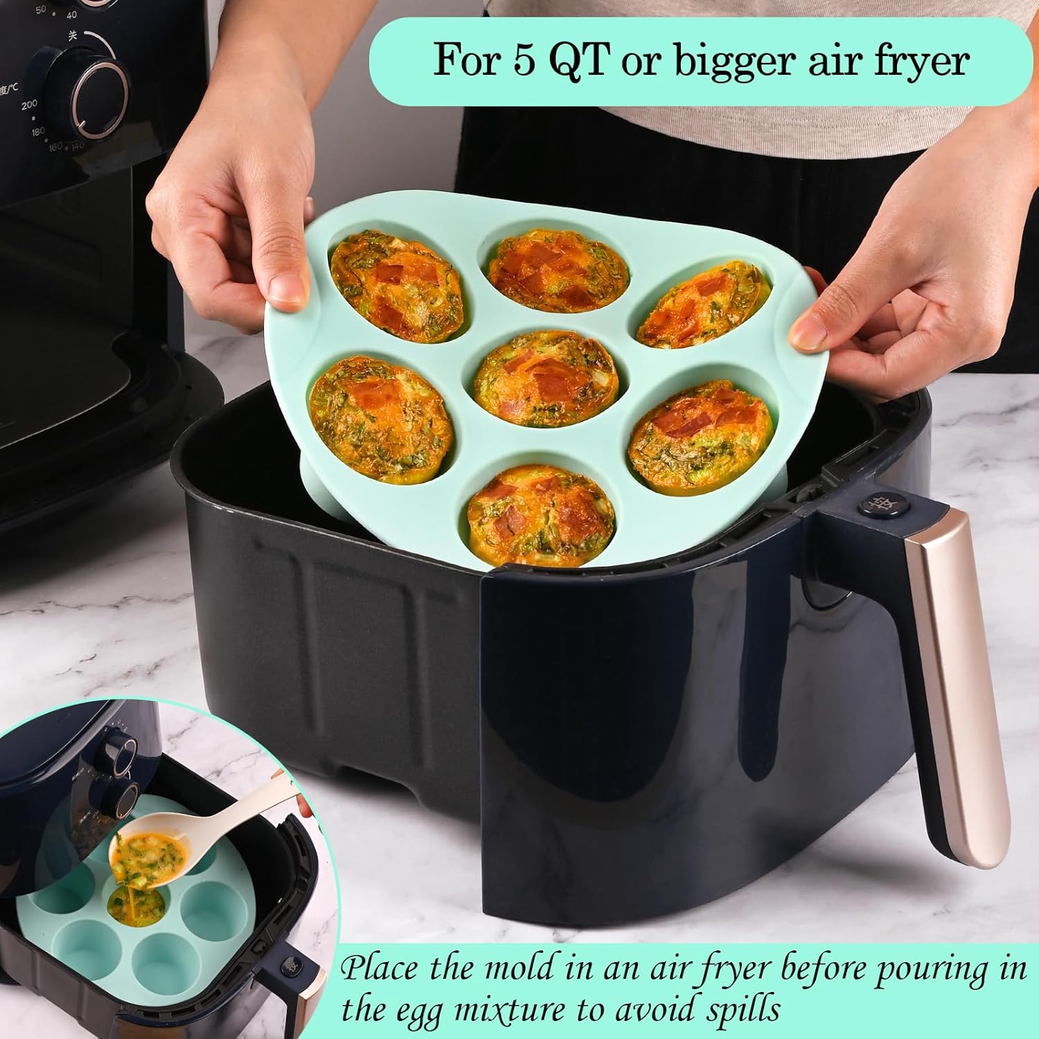 Sakolla Silicone Egg Bite Molds - Nonstick 7-Cup Air Fryer Muffin Pan for Baking Mini Muffins & Quiche | Pink & Green