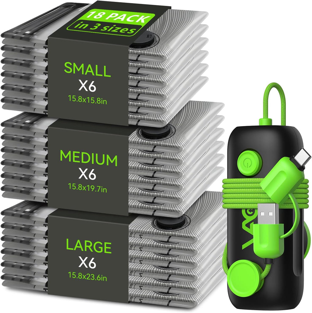 Skiennix Vacuum Bags for Travel - 18 Pack USB Electric Pump Seal Bags | Space Saver for Luggage