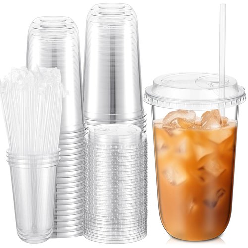 Ziliny 50 Sets Crystal Plastic Cups with Lids and Straws, Disposable Iced Coffee Cups Bulk PET for Wine, Cocktail, Smoothie, Milkshake, Cold Drinks, Juice, Wedding, Birthday, Coffee Shop, Party (18oz)