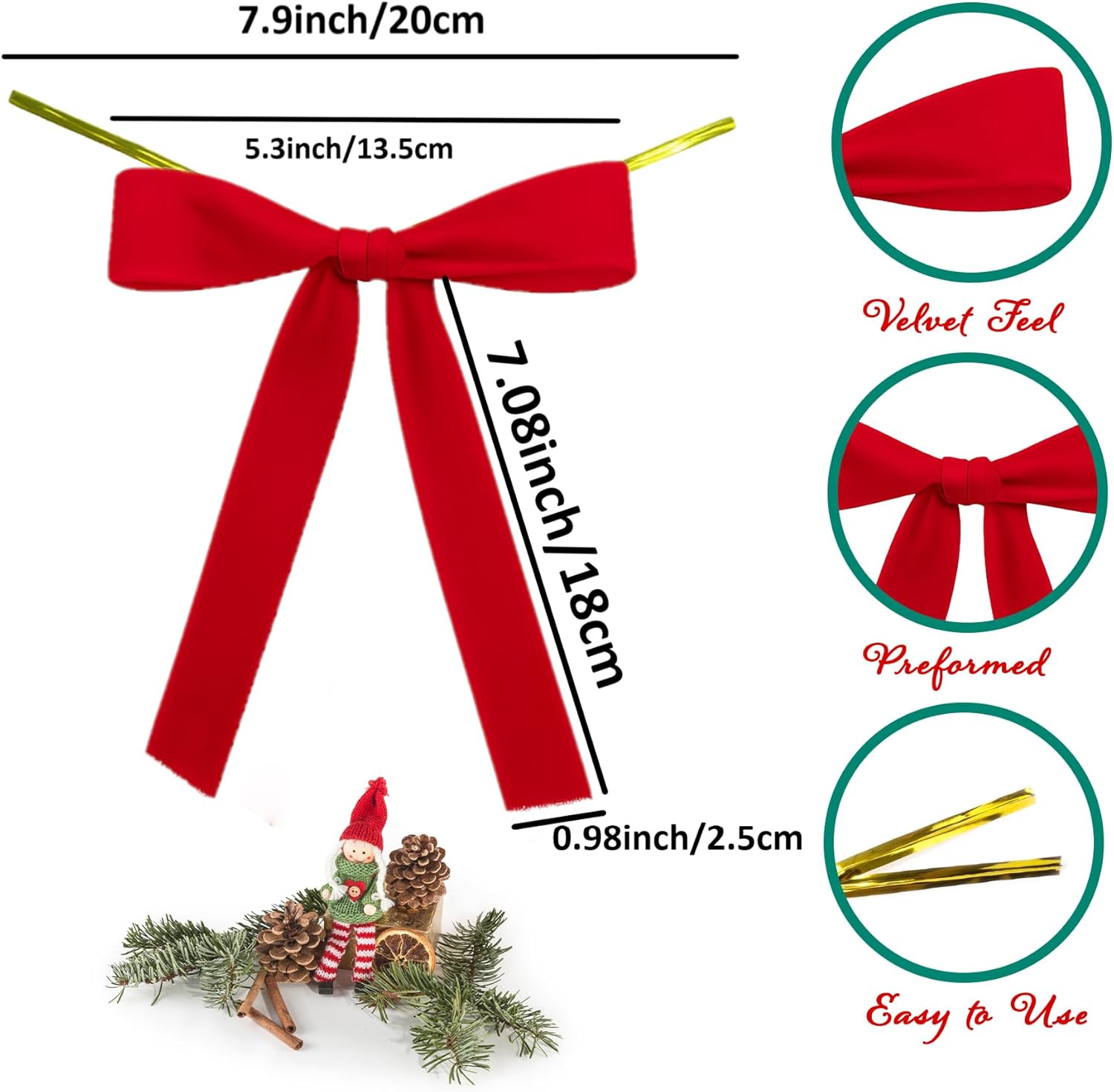 Vintage Velvet Bows by Skiennix - Elegant 30 Pack Christmas Tree Ornaments | 5x7 Inch Red Ribbon for Wreaths & Garlands