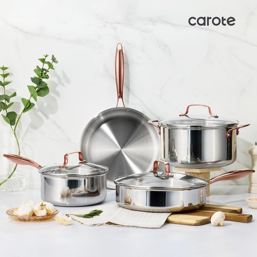 CAROTE 10" Tri-Ply Stainless Steel Frying Pan, Non-Toxic Fry Pan Egg Pan Omelet Pans, Oven Safe, Induction, Ceramic and Gas Cooktops Compatible, Silver